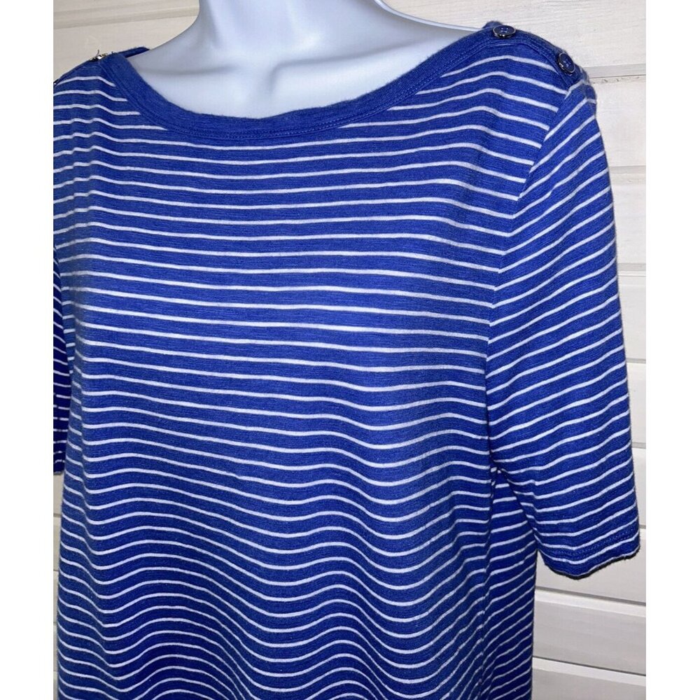 Talbots Sz LARGE Blue White Stripe Slub Knit Tunic Tee Boatneck Button EUC